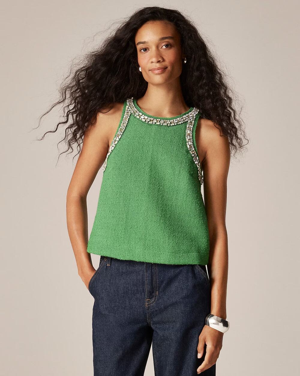 NWT J Crew Embellished Tweed Tank Top Green Fields Size 6